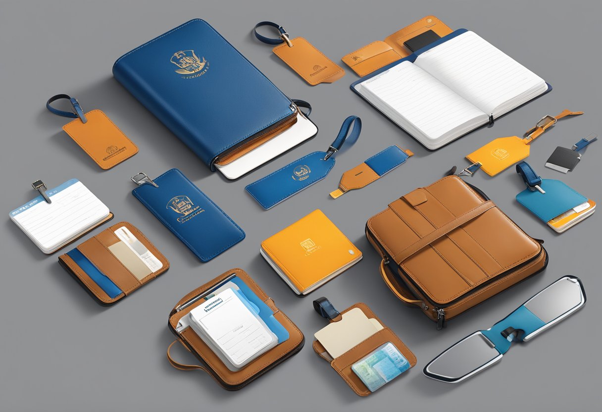 A table with branded luggage tags, travel journals, and passport holders displayed. A corporate logo is subtly imprinted on each item