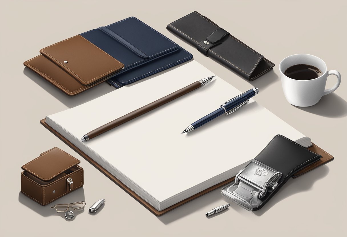 A desk with a personalized Montblanc pen and notebook, surrounded by custom corporate gifts like leather portfolios and engraved desk accessories