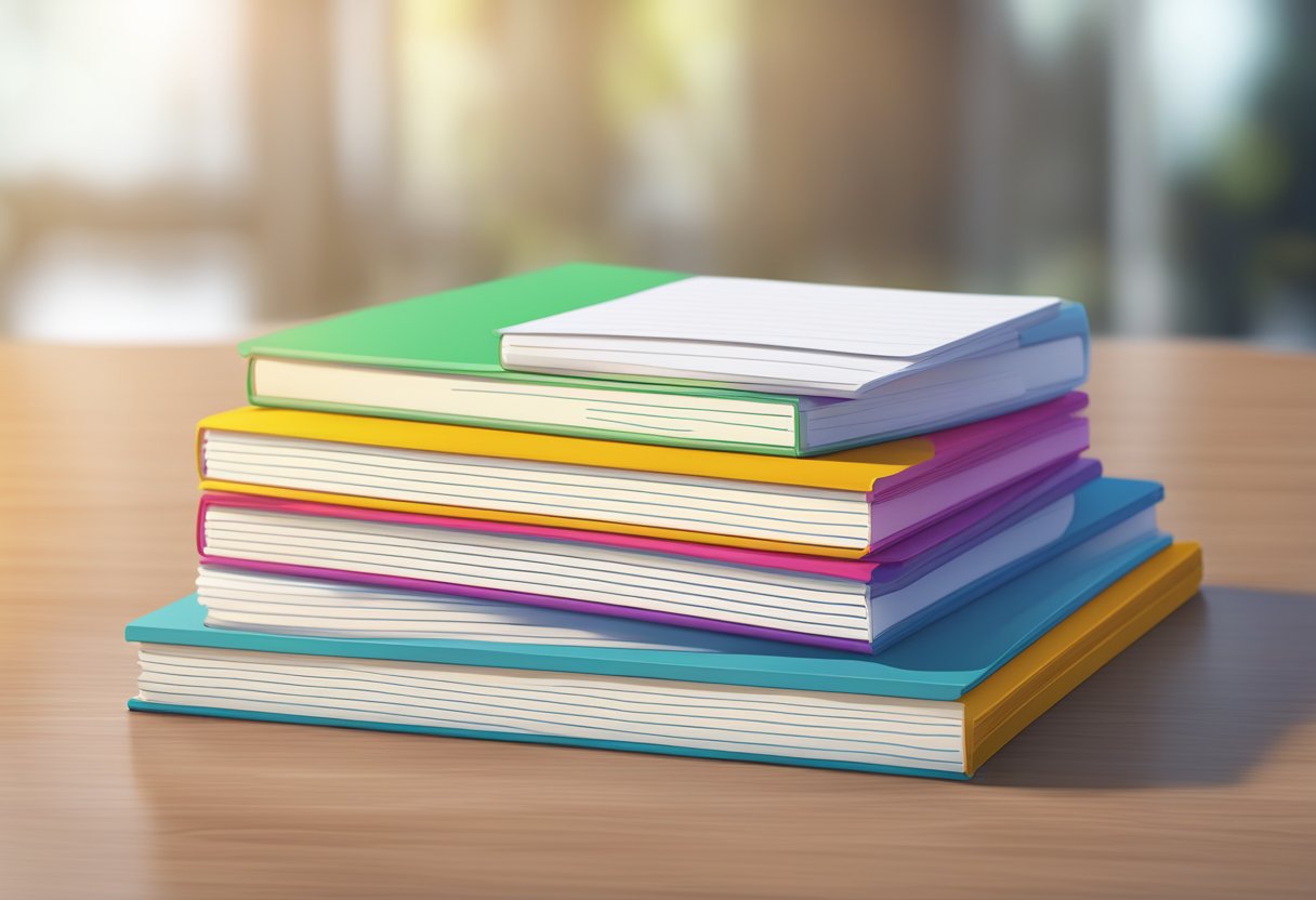 A stack of custom exercise books with "Frequently Asked Questions" printed on the cover