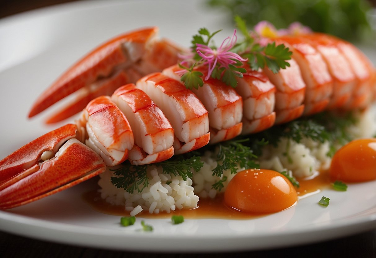 A chef cooks and serves a mentaiko lobster dish on a white plate with garnishes