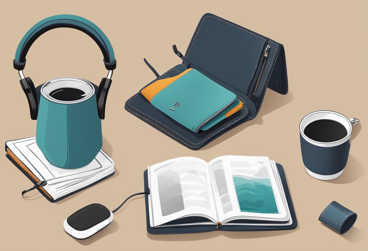 A hand reaches for a sleek leather travel wallet, next to a set of high-quality noise-cancelling headphones and a stylish travel mug