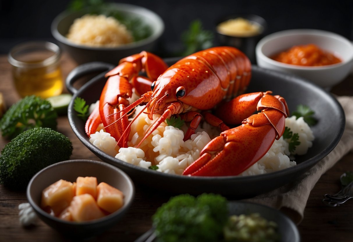 A lobster being prepared with mentaiko sauce, surrounded by various ingredients and kitchen utensils