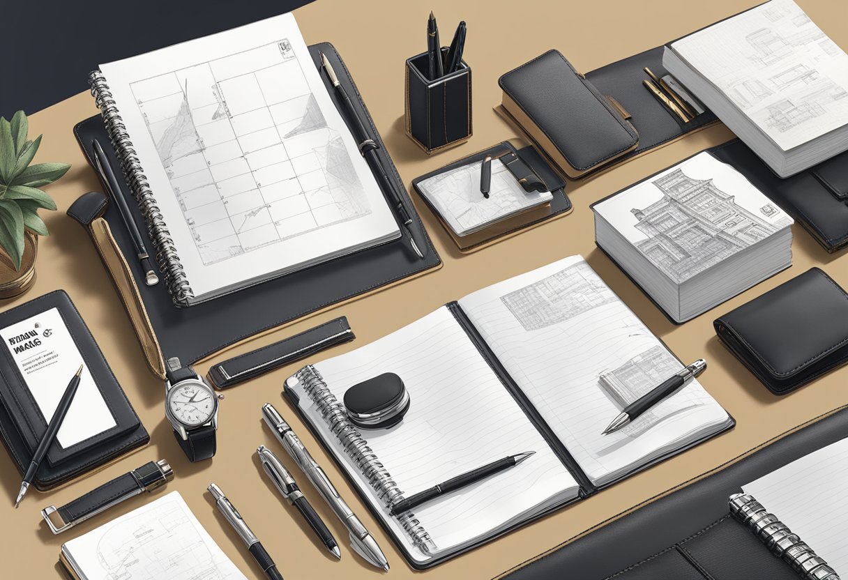 A table with various Montblanc corporate gifts displayed, including pens, notebooks, and leather accessories. A sign with "Frequently Asked Questions" is visible