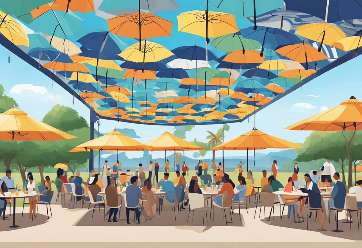 A group of custom umbrellas with various business logos and designs, displayed at an outdoor event with people using them for shade and protection from the sun