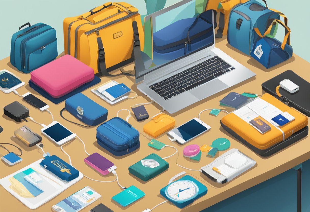 A table with various corporate travel gifts, such as luggage tags, travel pillows, and portable chargers, displayed in an organized manner with a "Frequently Asked Questions" sign nearby