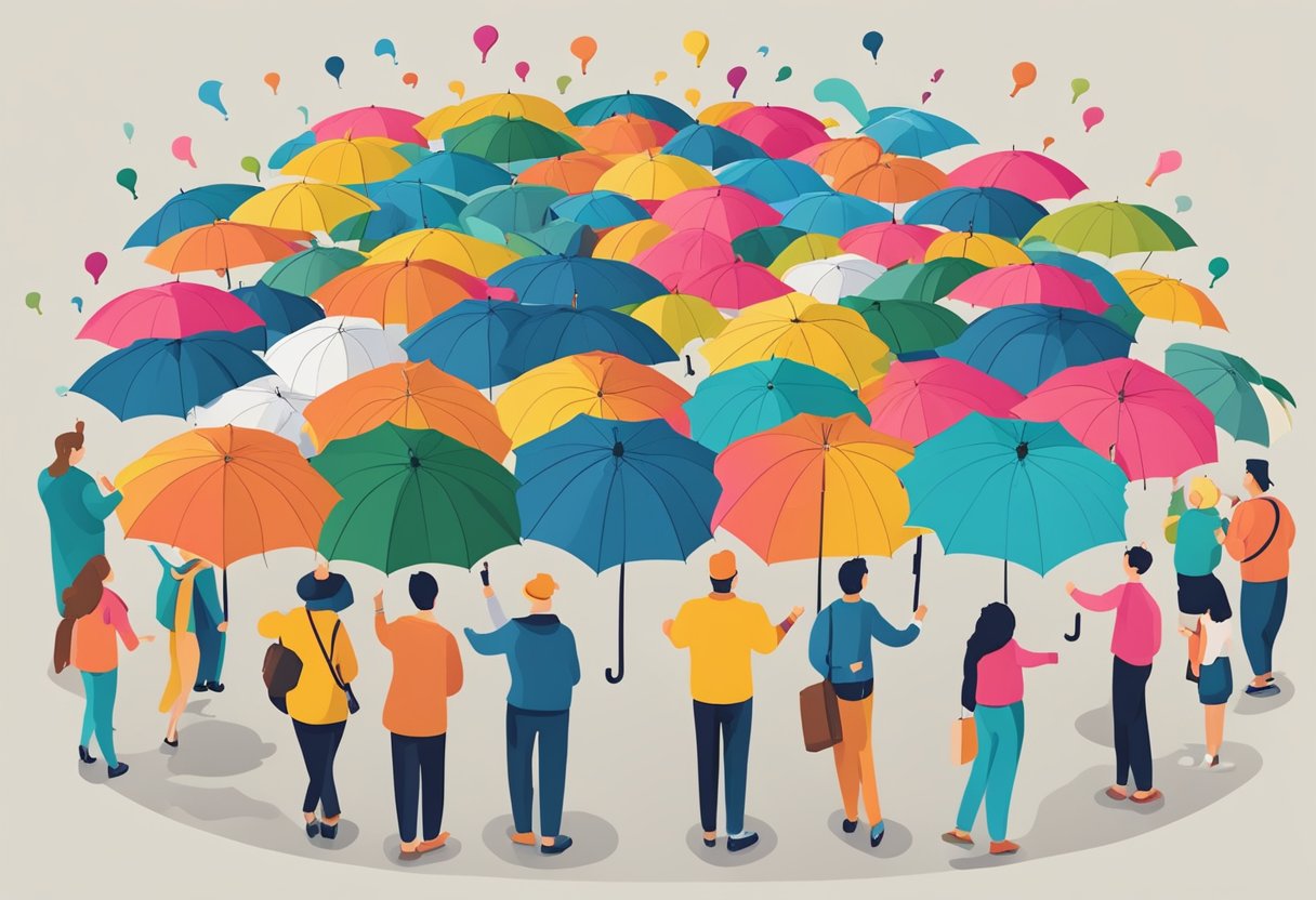 A colorful custom umbrella surrounded by question marks and people pointing at it
