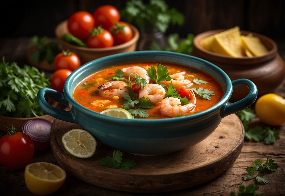 A steaming bowl of Mexican seafood soup sits on a rustic table, surrounded by colorful ingredients like shrimp, fish, tomatoes, and cilantro
