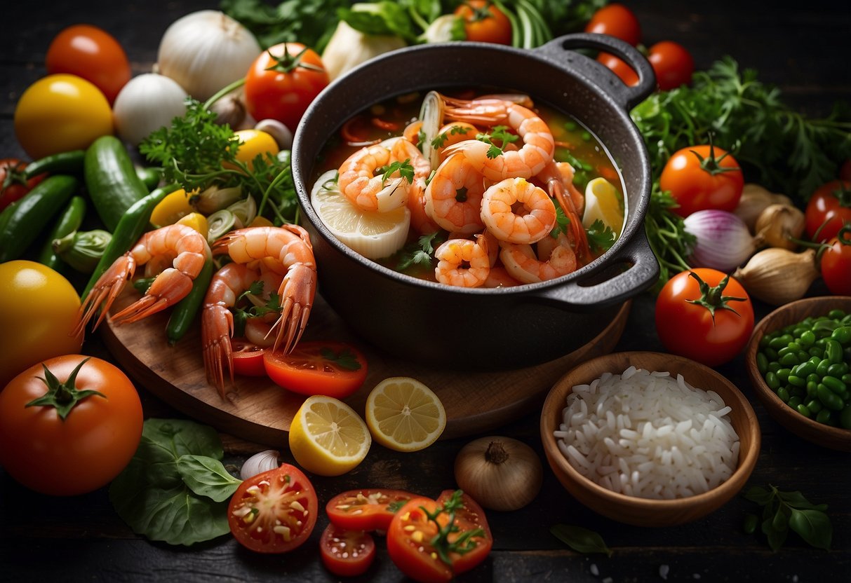 A variety of fresh seafood, including shrimp, fish, and clams, are surrounded by colorful vegetables such as tomatoes, onions, and peppers, all sitting in a flavorful broth in a large pot