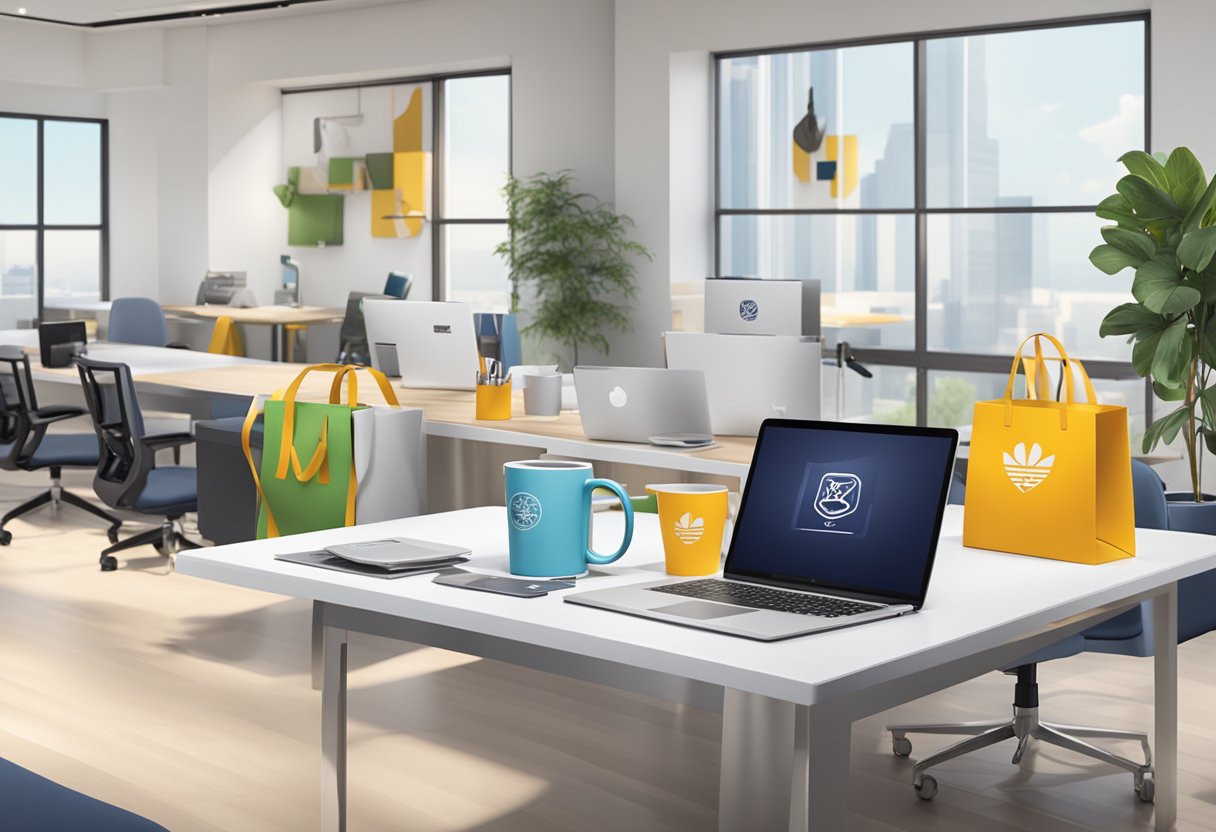 A table adorned with branded gifts, such as mugs, notebooks, and gift baskets, displayed in a sleek office setting with a logo prominently featured