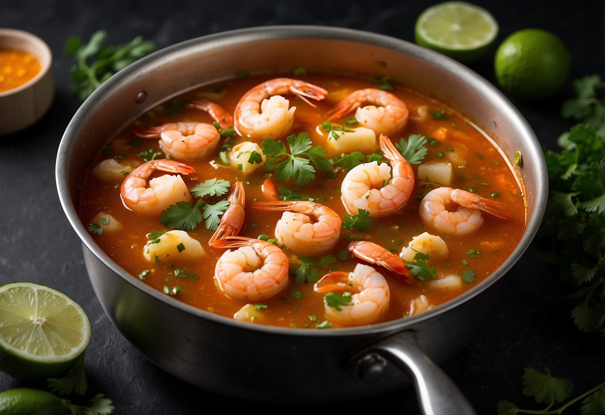 A pot simmers on a stovetop, filled with a vibrant mix of shrimp, fish, and vegetables in a rich tomato-based broth. A sprinkle of cilantro and a squeeze of lime add the finishing touches