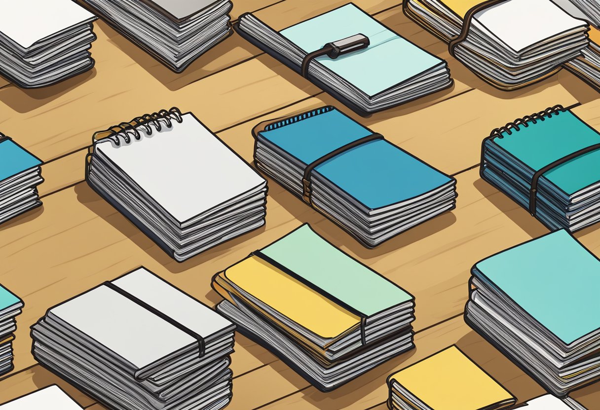 A stack of custom notebooks in bulk, neatly arranged on a wooden table