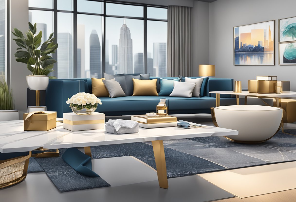 A table adorned with a variety of elegant gift options, including branded items and luxurious products, with a backdrop of a sleek corporate office setting