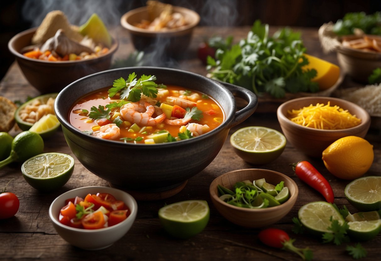 A steaming bowl of Mexican seafood soup surrounded by colorful ingredients and garnishes on a rustic table