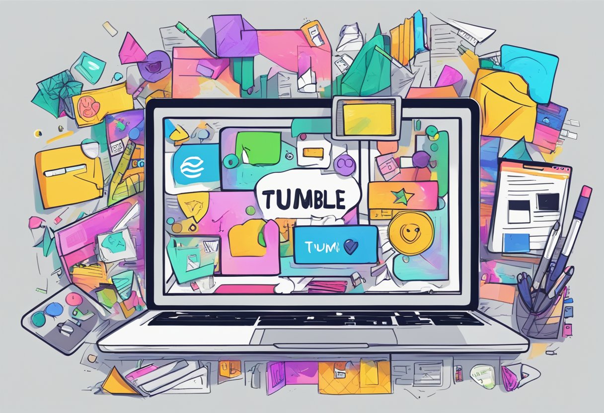 A laptop with a "customise tumblr" page open, surrounded by colorful stickers and markers