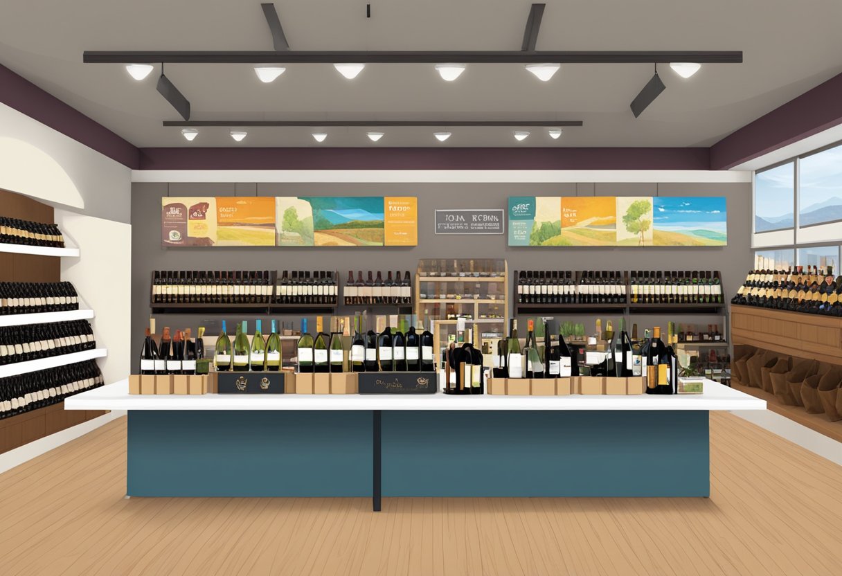 A table with custom printed wine bags displayed in a store