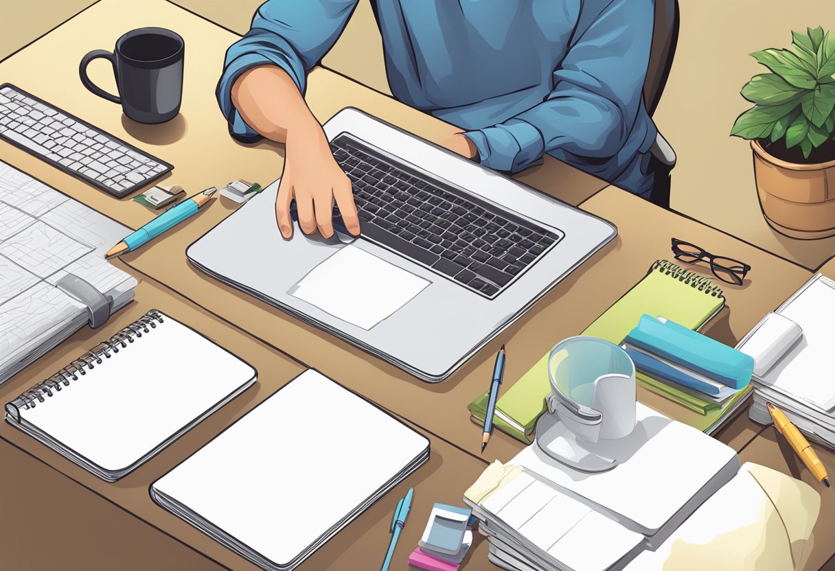 A table with various notebook cover designs, a stack of blank notebooks, and a person using a computer to customize the notebook covers