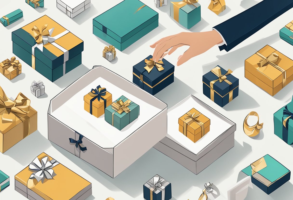 A hand reaches for a sleek gift box, surrounded by various luxurious items and a "Selecting the Right Gifts" corporate gifting guide