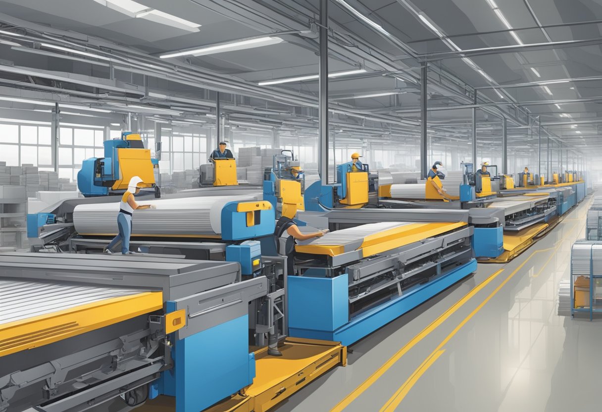Workers process and package custom notebooks in a busy production facility. Machinery hums as orders are fulfilled and stacked for shipping