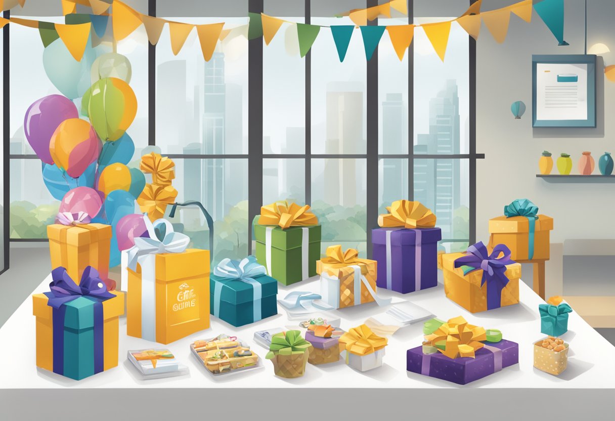 A table with various gift items like branded merchandise, gift baskets, and personalized items displayed. A banner with "Corporate Gifting Guide" hangs in the background