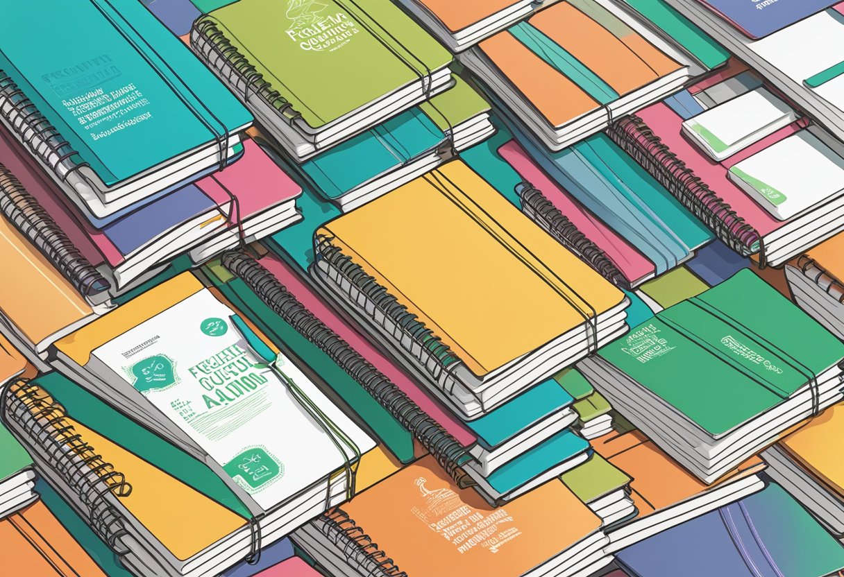A stack of custom notebooks with "Frequently Asked Questions" printed on the cover, arranged in bulk