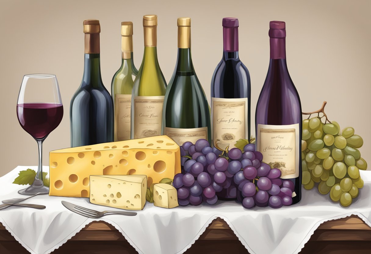 A table set with custom printed wine bags, surrounded by wine bottles, grapes, and cheese