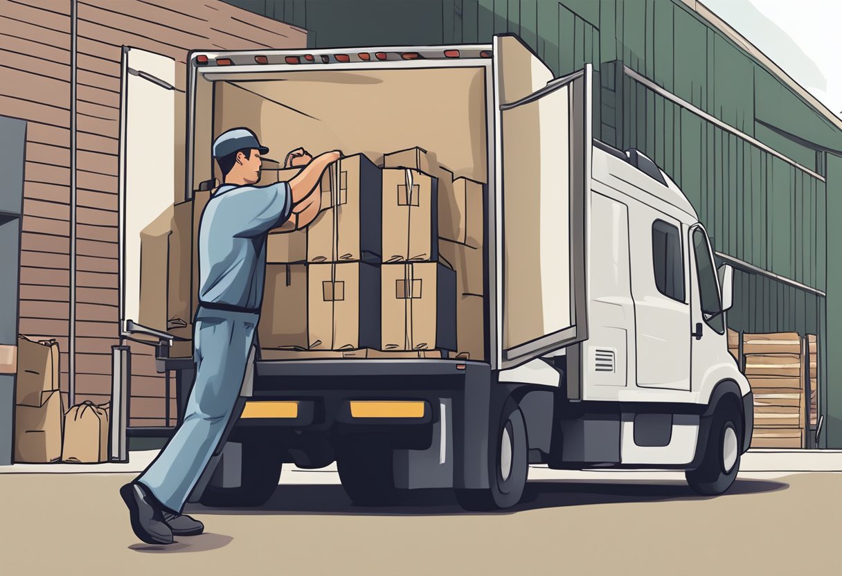 A warehouse worker loads custom wine bags onto a delivery truck