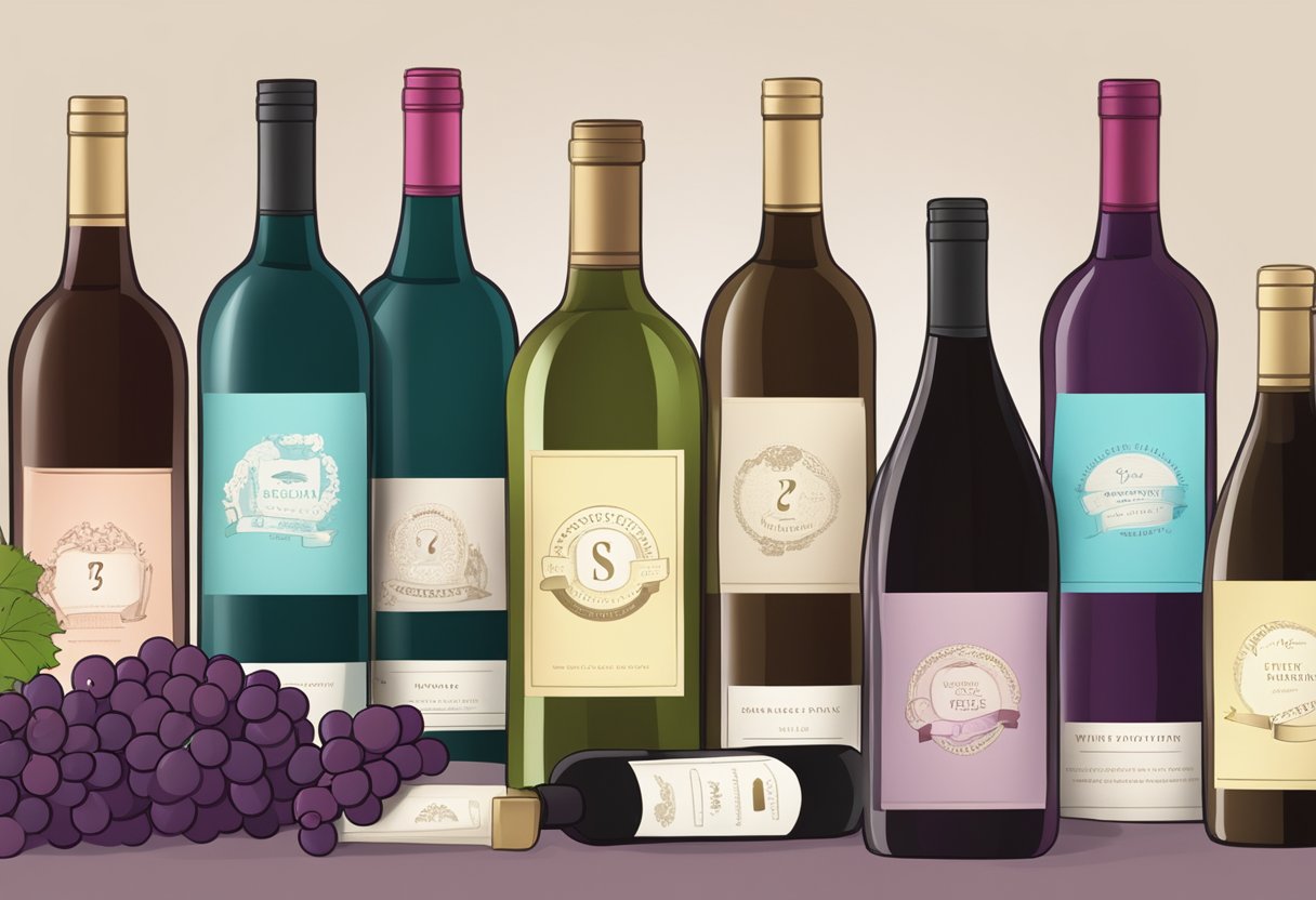 A stack of custom printed wine bags with "Frequently Asked Questions" text, surrounded by wine bottles and grapes