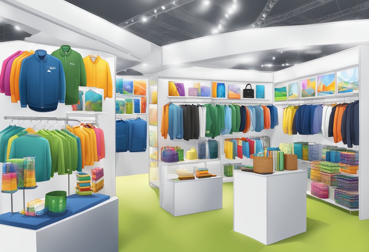 A group of corporate gifting companies showcasing their products at a trade show, with colorful displays and branded merchandise