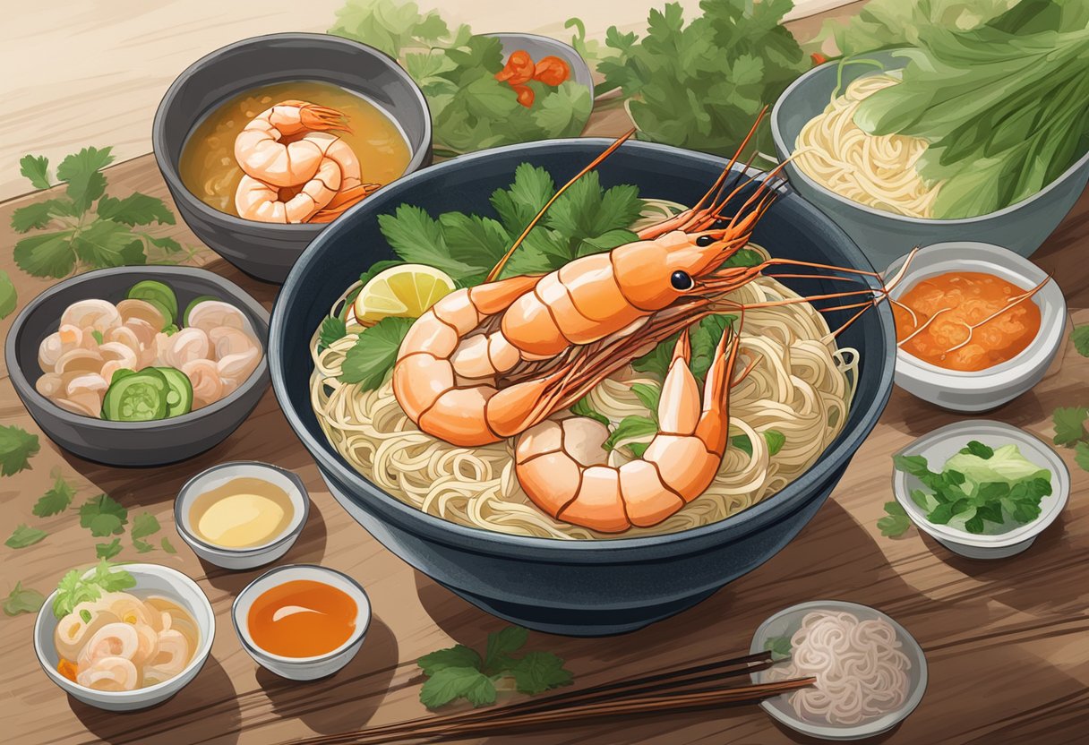 A steaming bowl of middle road prawn mee sits on a rustic table, surrounded by fresh herbs and condiments. Steam rises from the flavorful broth, and plump prawns rest on top of the noodles