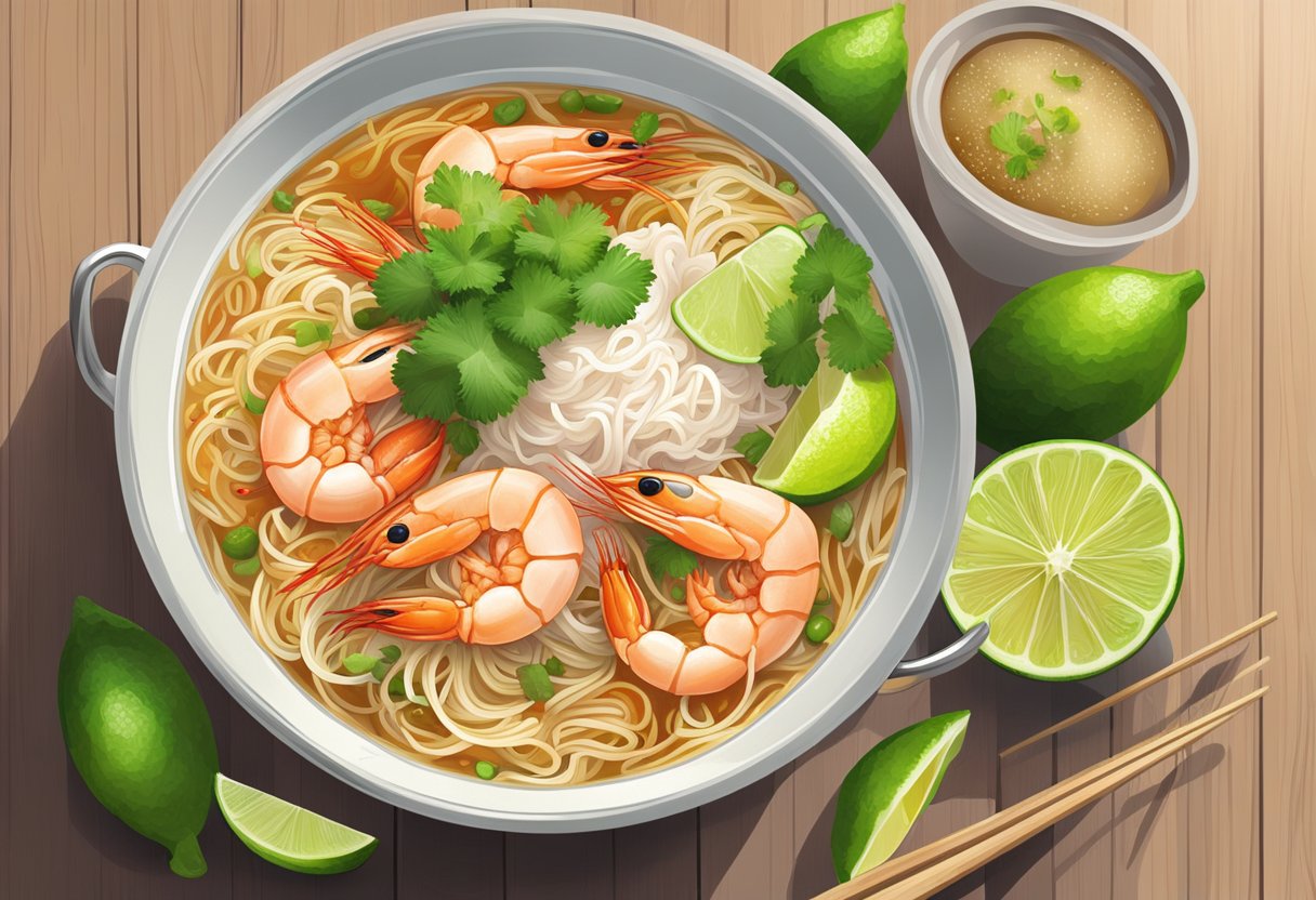 A steaming bowl of Middle Road Prawn Mee sits on a wooden table, surrounded by fresh lime, chili, and a spoon. Steam rises from the rich broth, and the aroma of prawns and spices fills the air