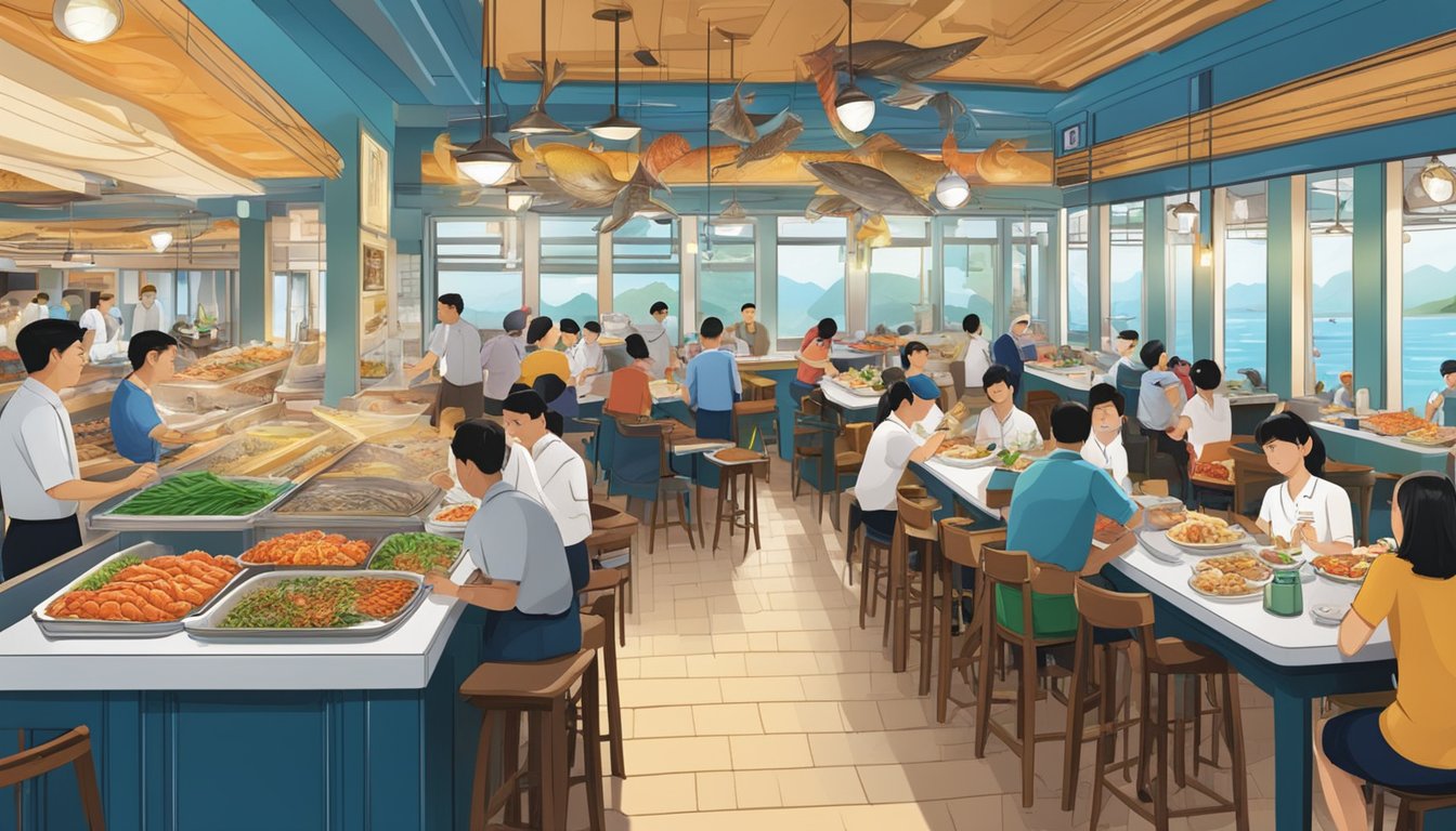 A bustling seafood restaurant in Singapore, with colorful displays of fresh fish and shellfish, bustling waitstaff, and satisfied diners enjoying their meals