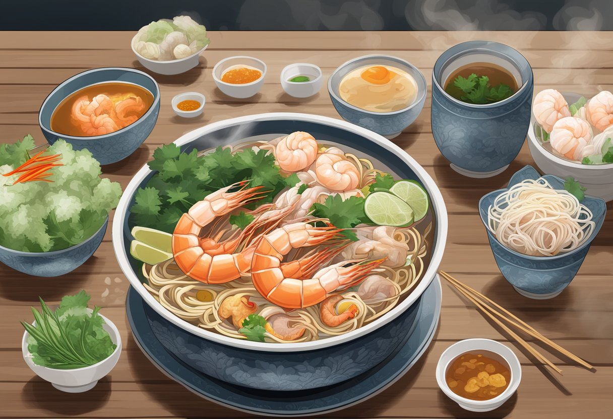 A steaming bowl of prawn mee sits on a wooden table, surrounded by condiments and chopsticks. Steam rises from the broth, and the aroma of seafood fills the air