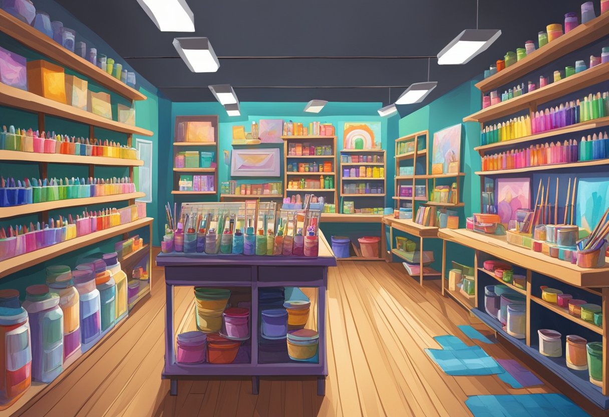 A vibrant store with colorful displays of art supplies and unique crafts. Bright lights illuminate the shelves filled with paints, brushes, and sketchbooks. A cozy corner features handmade decorations and DIY kits