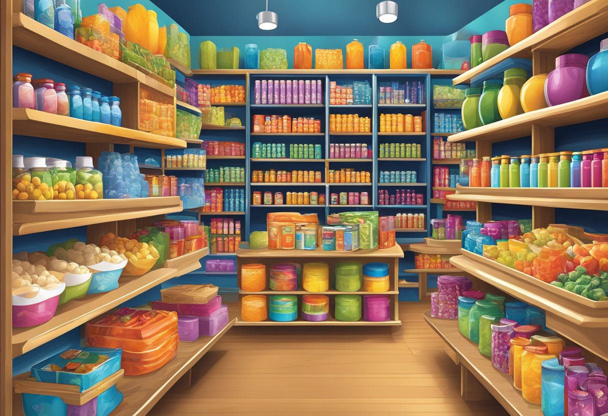 The creative store displays colorful product offerings on shelves and tables, with vibrant packaging and unique designs