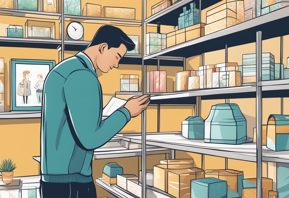 A person carefully choosing a corporate gift from a variety of options displayed on shelves and tables in a well-lit and organized showroom