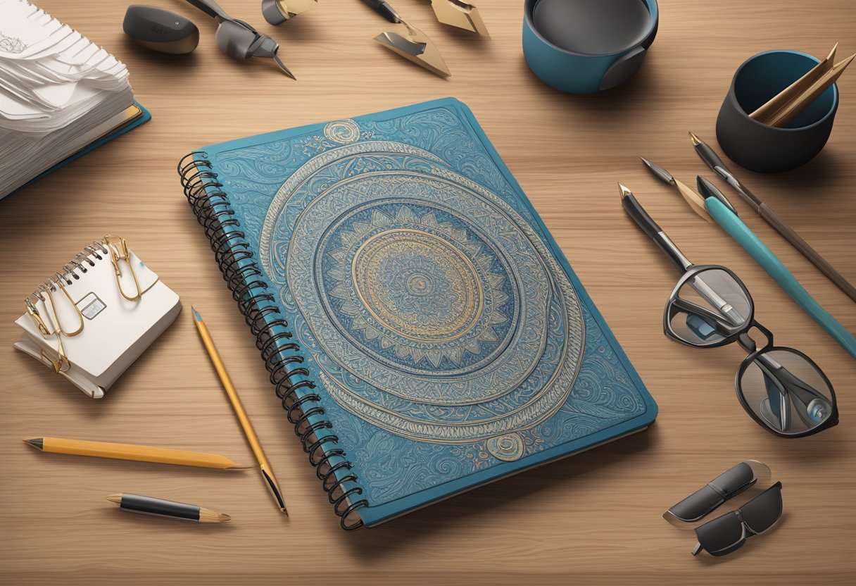 A customised notebook sits open on a wooden desk, adorned with intricate designs and personalized details