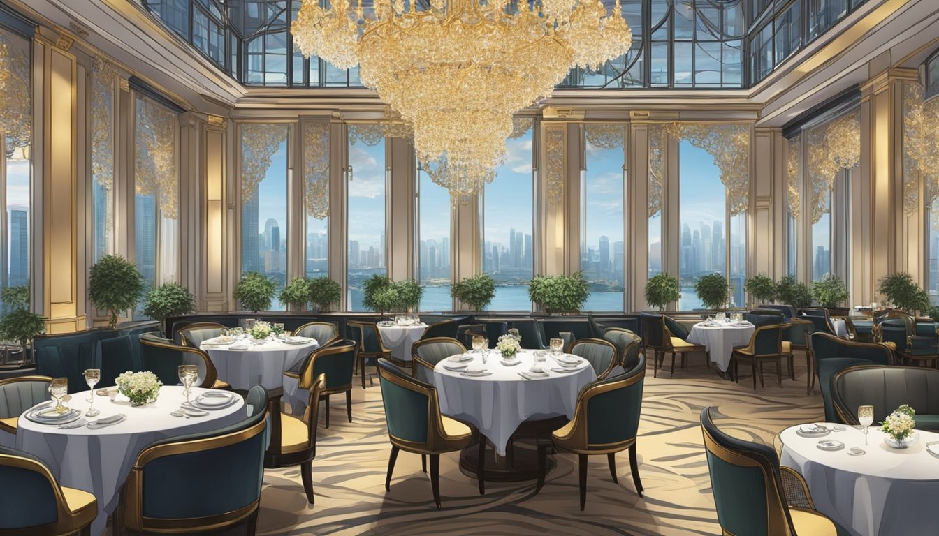 The grand seafood restaurant in Singapore buzzes with elegant diners enjoying a lavish dining experience. The opulent interior features intricate chandeliers, plush seating, and a stunning view of the city skyline