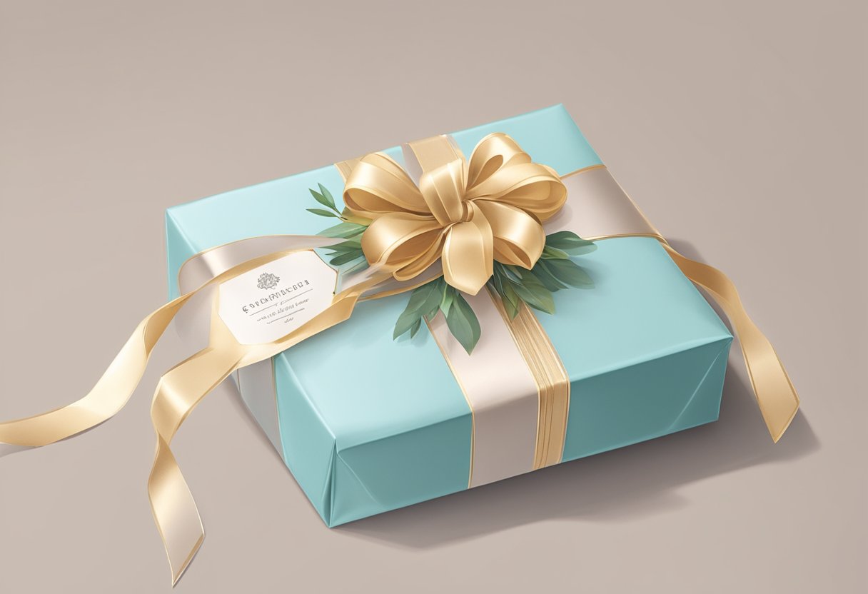 A customised door gift sits on a table, wrapped in elegant packaging with a personalized label and ribbon