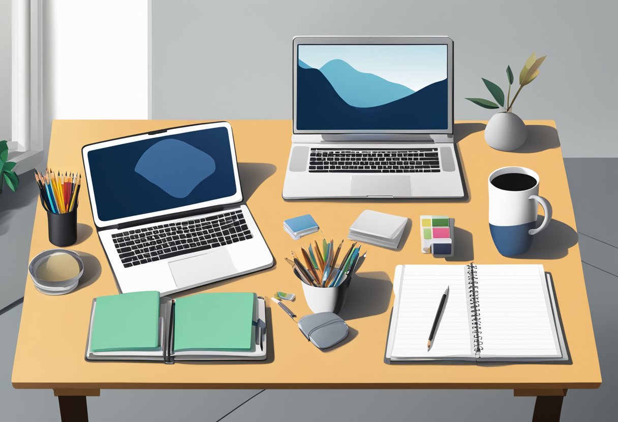 A table with art supplies, a blank notebook, and a computer displaying customisation options for the notebook