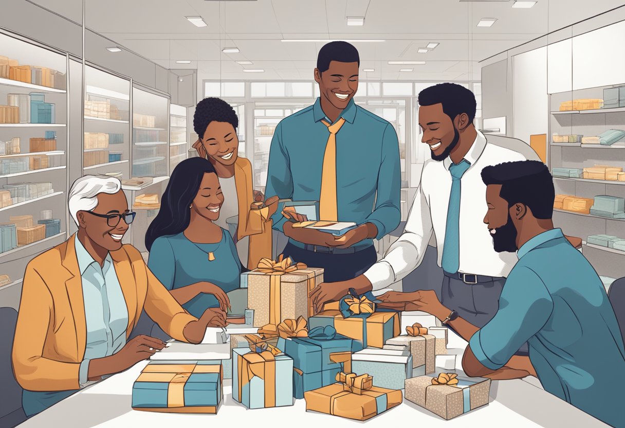 A group of employees gather around a table, exchanging gifts and discussing corporate gifting options. The room is filled with branded merchandise and elegant packaging