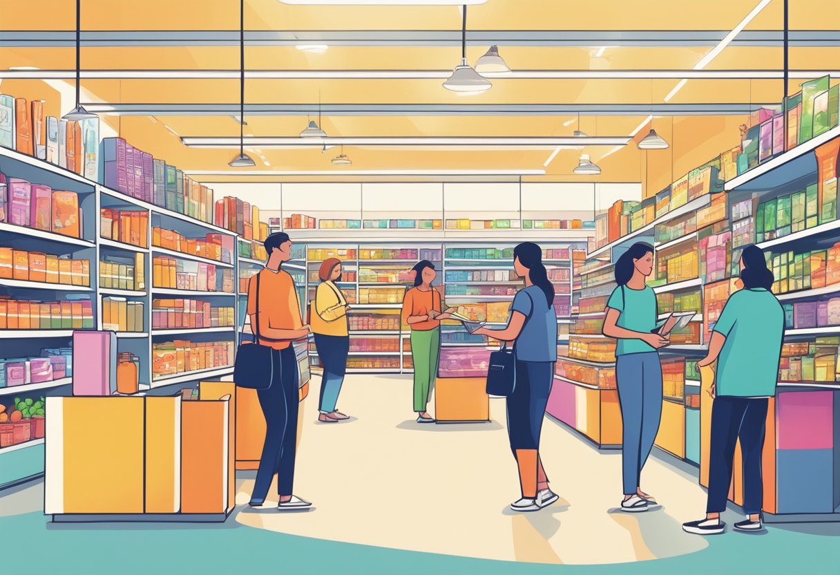 Customers browsing shelves, interacting with products, and engaging with store staff in a vibrant and inviting retail environment