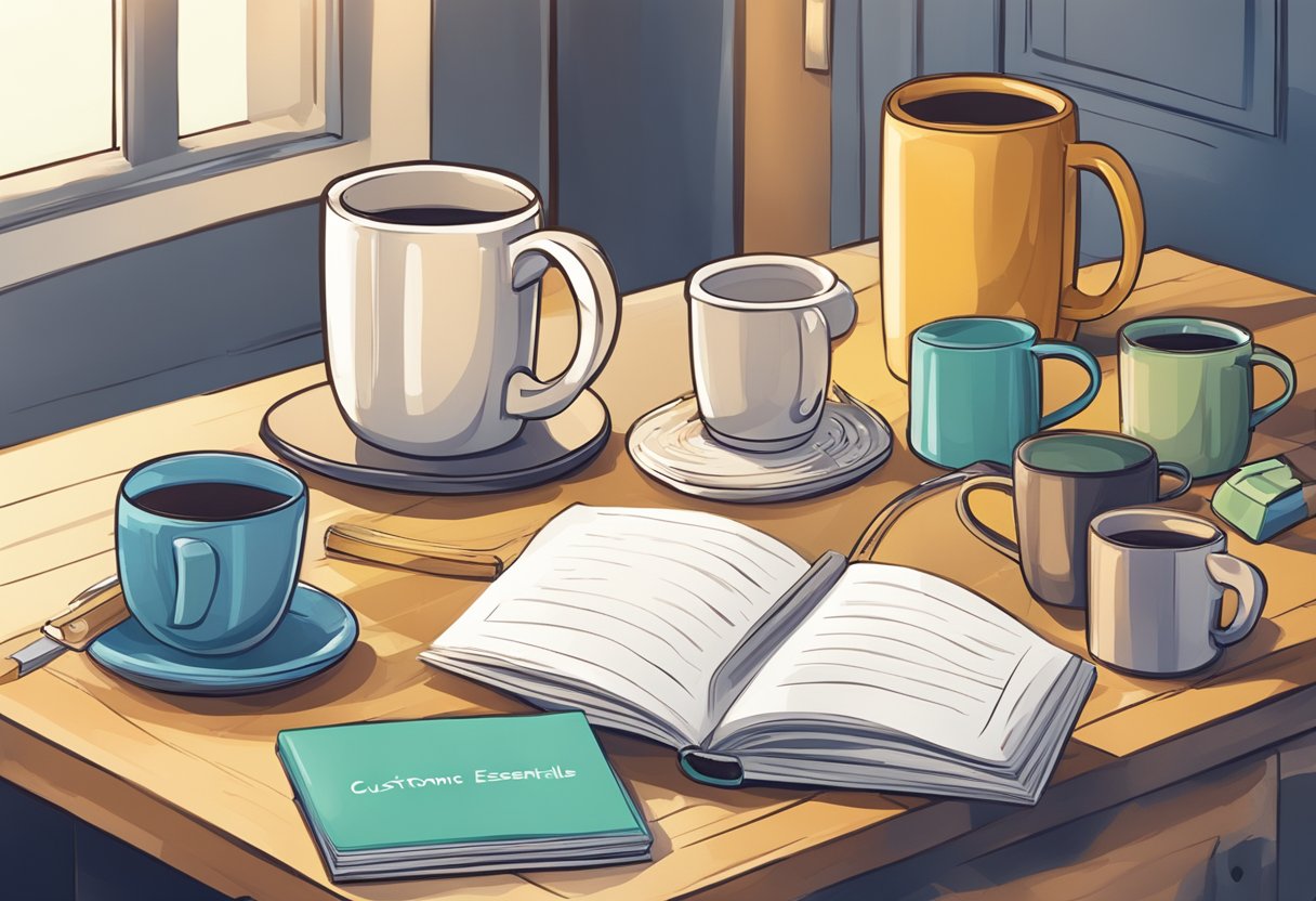 A table with assorted door gift items: mugs, keychains, and notebooks. A banner with "Customised Door Gift Essentials" hangs in the background