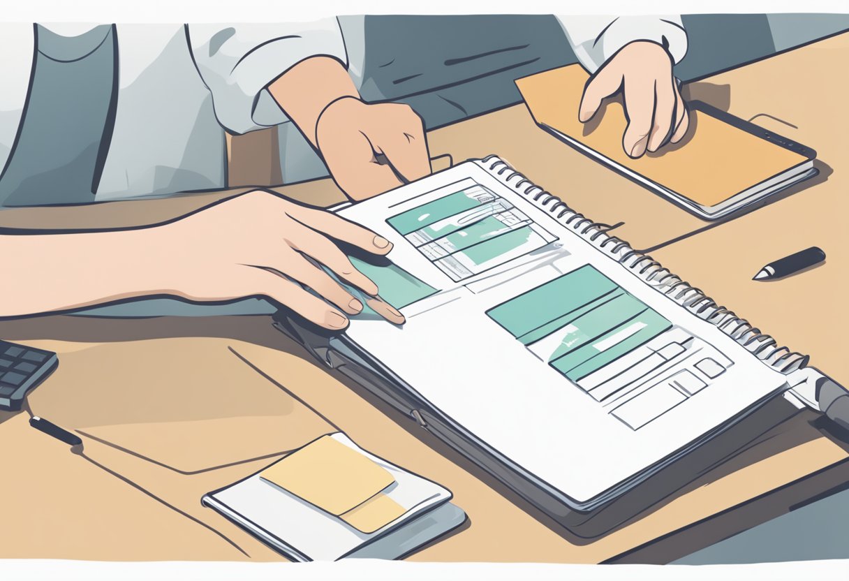 A hand reaches for a customised notebook on a display table, while another hand holds a care instruction card