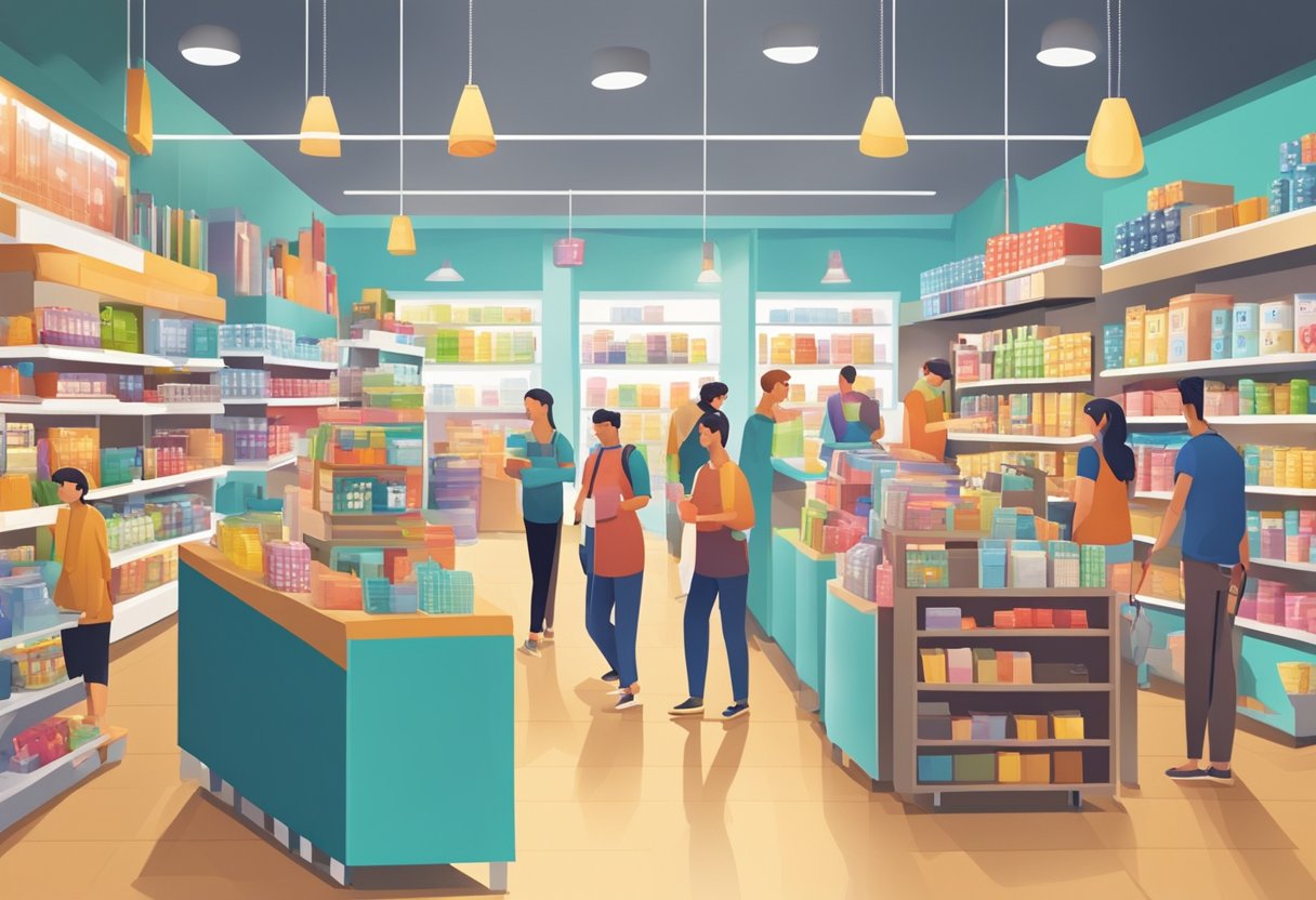 A bustling creative store with customers browsing shelves and staff assisting. Colorful displays and a welcoming atmosphere
