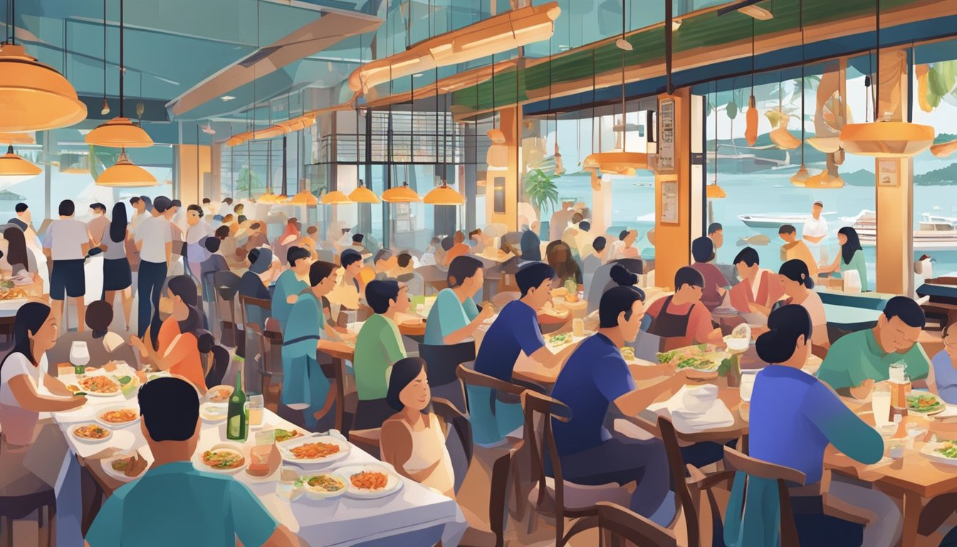 A bustling seafood restaurant in Singapore, with diners enjoying fresh seafood dishes amidst a lively and vibrant atmosphere