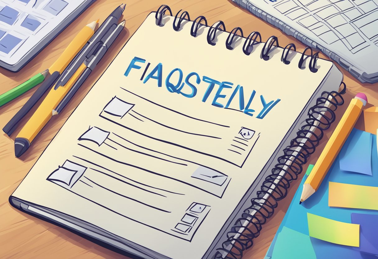 A notebook with "Frequently Asked Questions" written on the cover, surrounded by various question marks and a stack of papers next to it