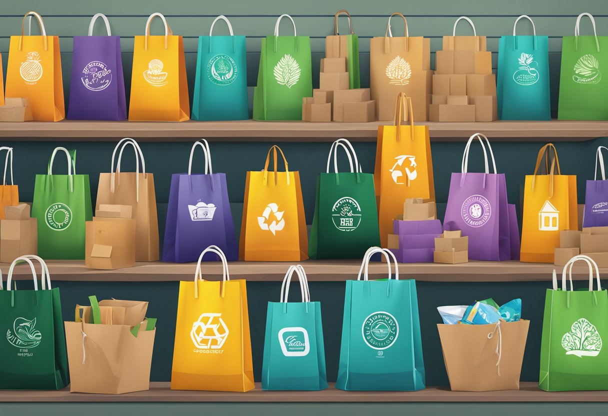 Colorful custom recycled shopping bags arranged in a stack, with eco-friendly logos and designs, sitting on a sustainable material surface