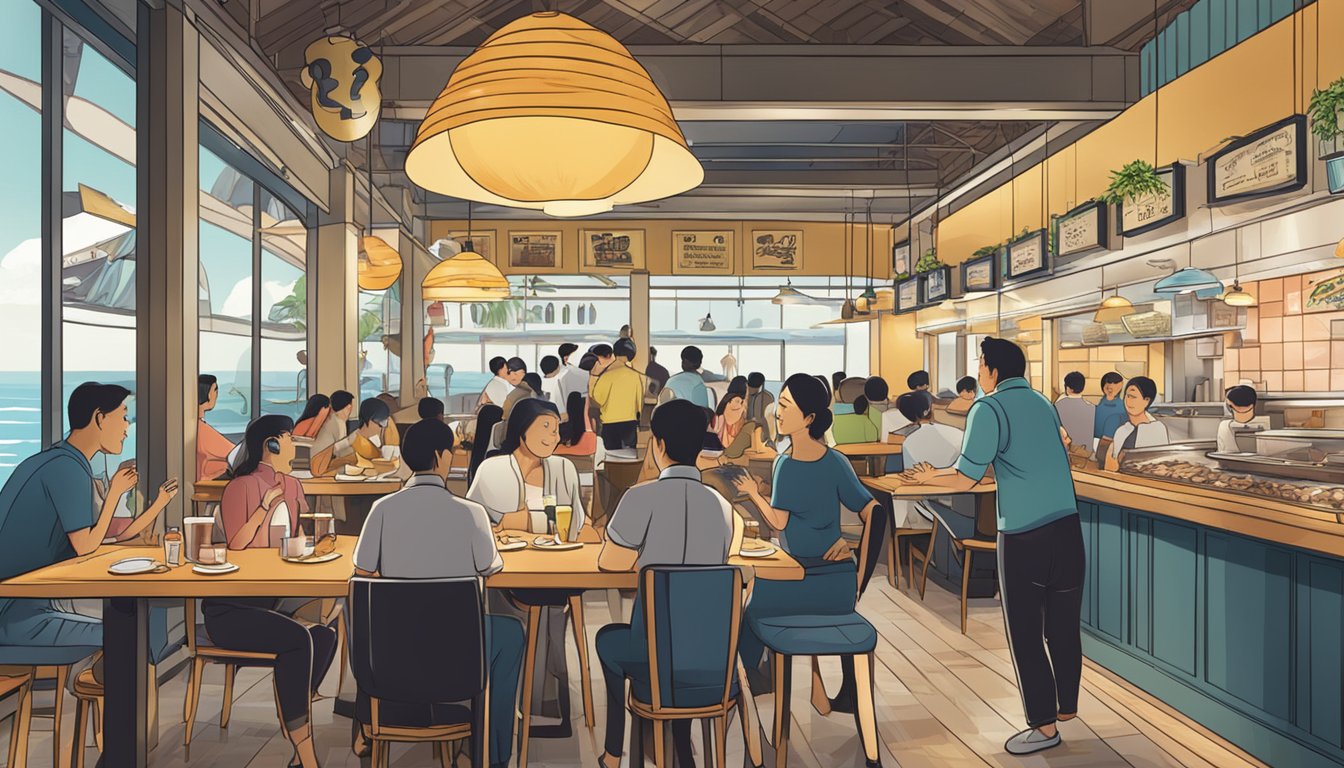 A bustling seafood restaurant in Singapore with a sign that reads "Frequently Asked Questions" and a lively atmosphere