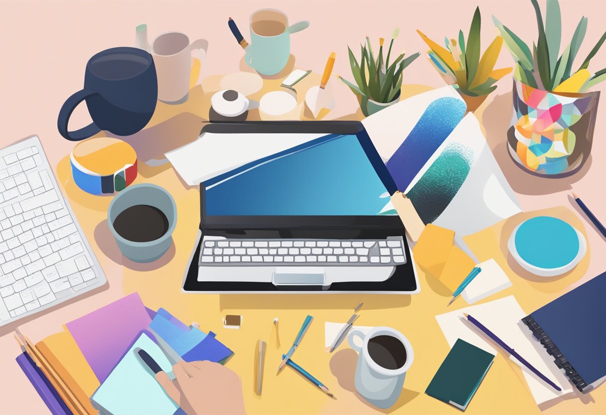 A hand holding a blank mug, surrounded by art supplies and a computer with design software open