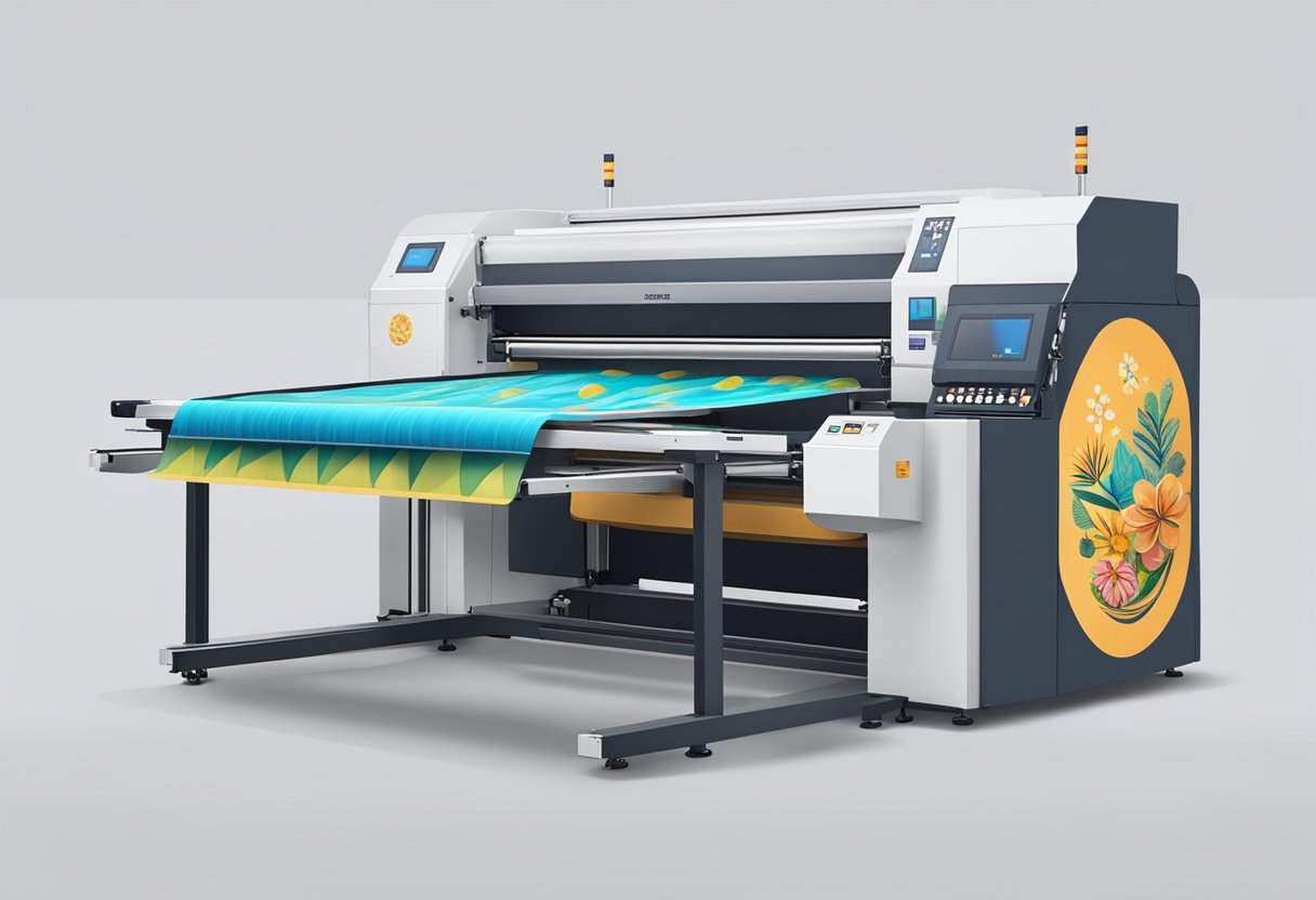 A non-woven bag being printed with colorful designs and patterns using a large printing machine